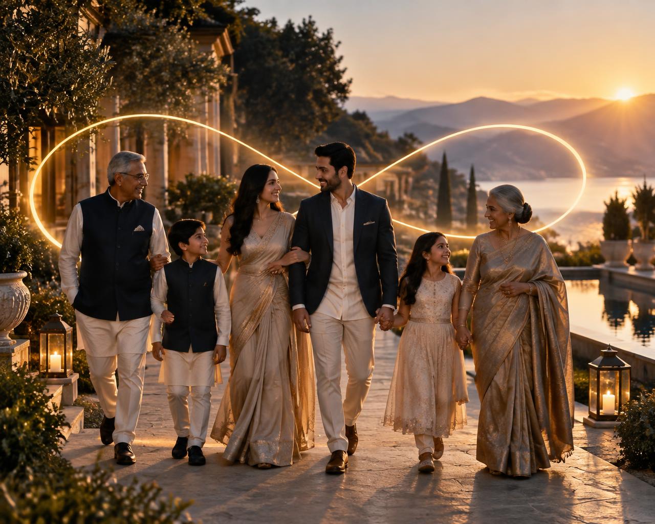 A family rising together beneath a luminous infinity symbol